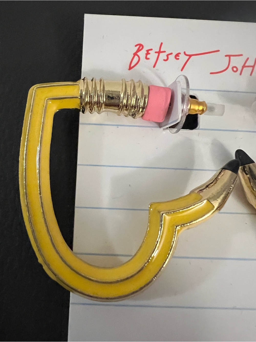 Betsey Johnson Yellow Pencil Heart Hoop Earrings with Pink Eraser - Picture 11 of 16